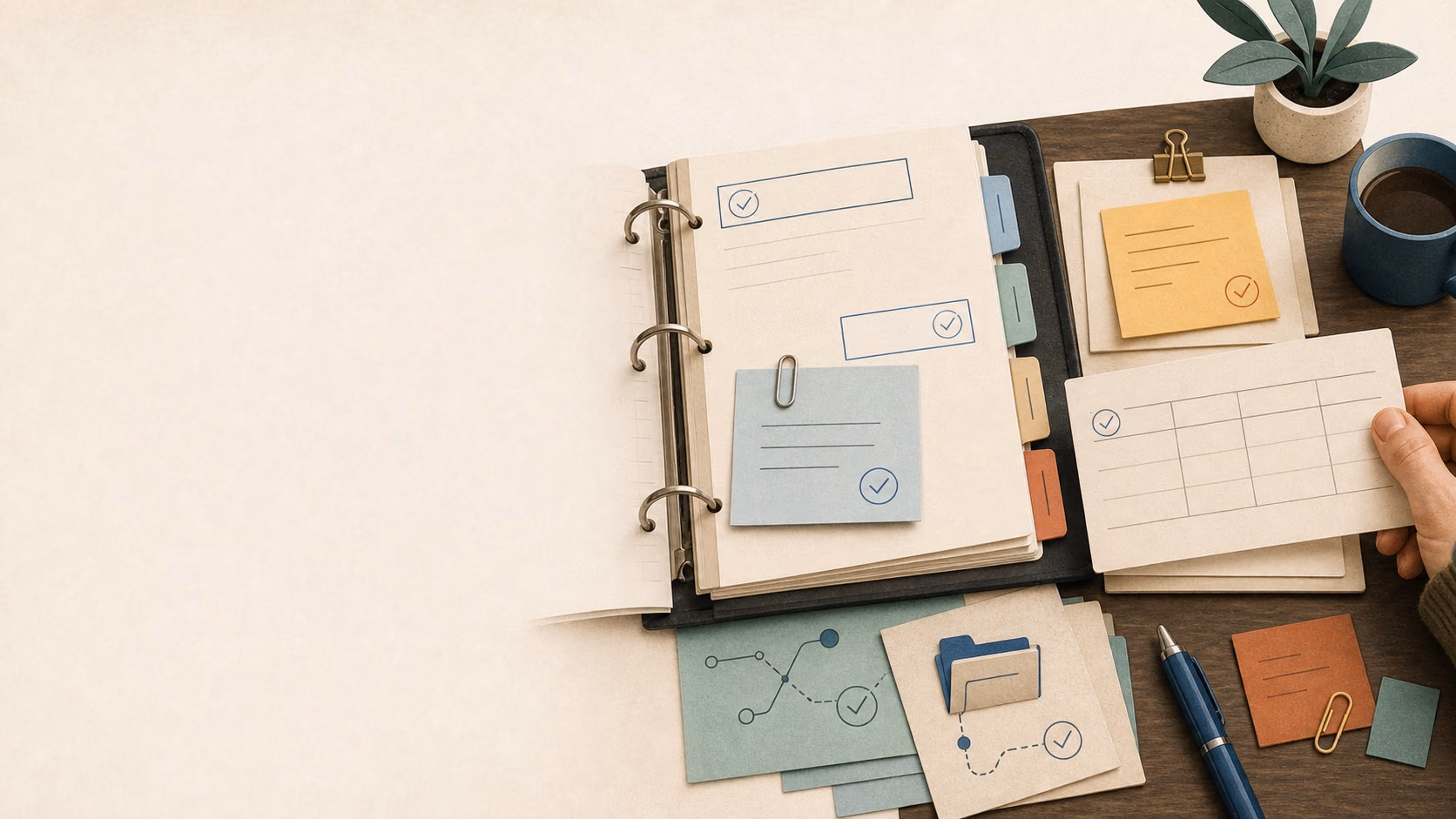 Illustrated evidence binder with source sheets, review notes, tabs, correction ledger, and a human handoff