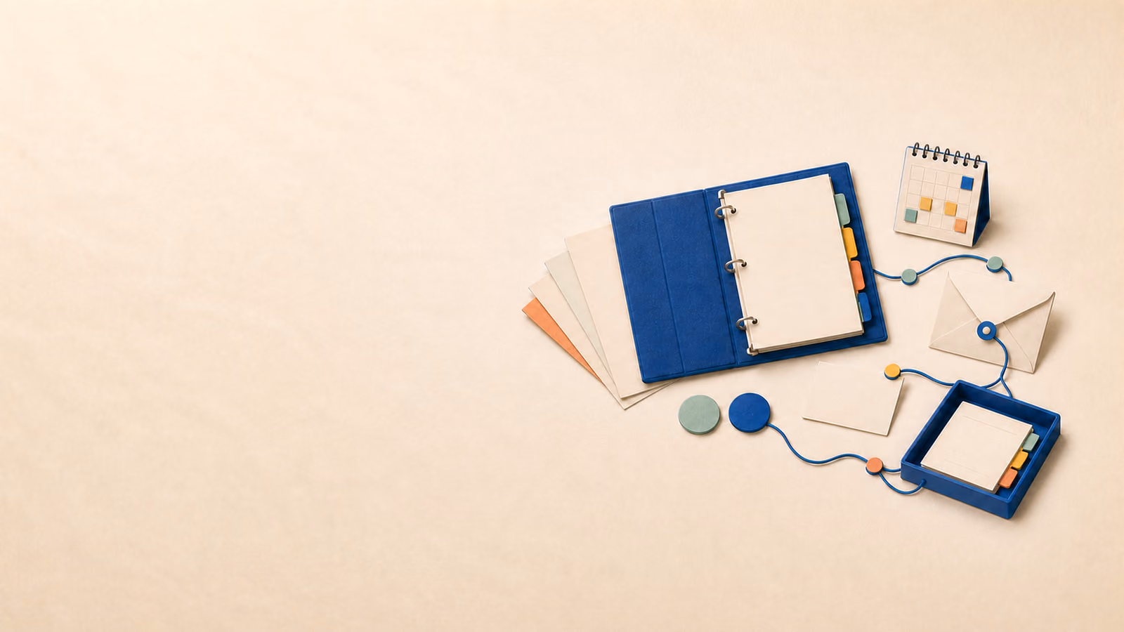 A launch evidence binder assembled from source packets, review tabs, an open-question envelope, owner markers, and an archive tray.