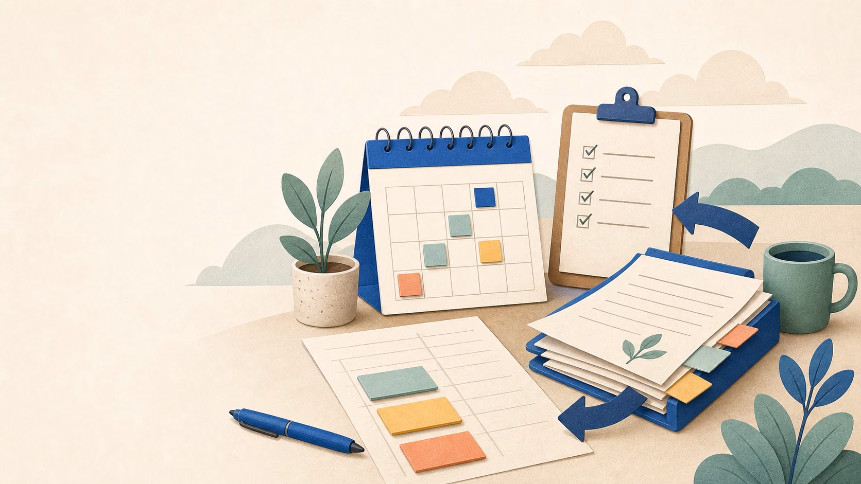A software rollout plan with calendar, checklist, handoff arrows, testing sheets, and organized implementation notes.