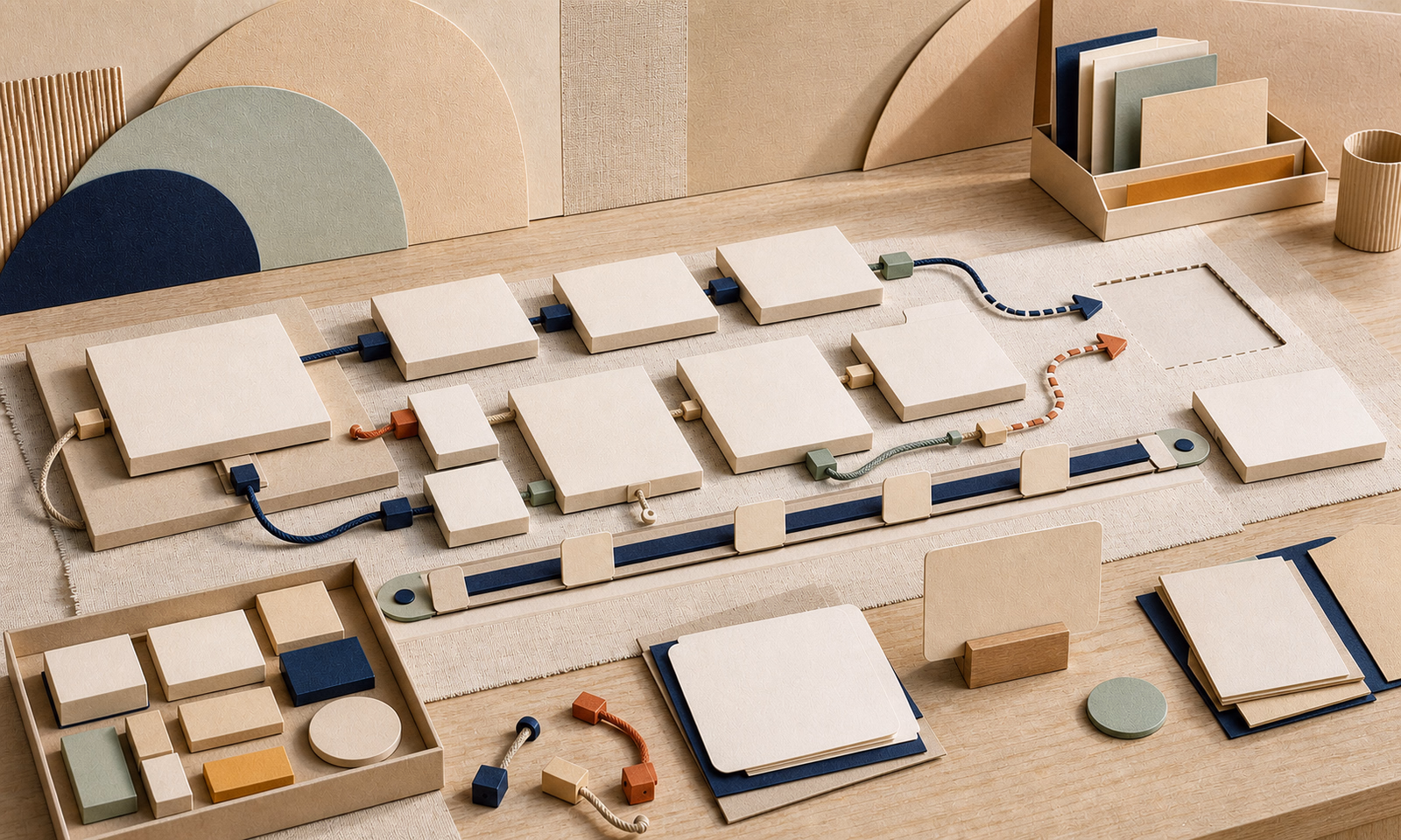 Interchangeable software blocks connected around practice needs, dependencies, alternatives, and an open replacement path.
