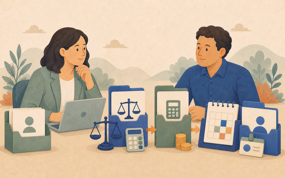 Illustrated staffing-model transition through reviewed decisions, policies, payroll, access, onboarding, and follow-up checkpoints
