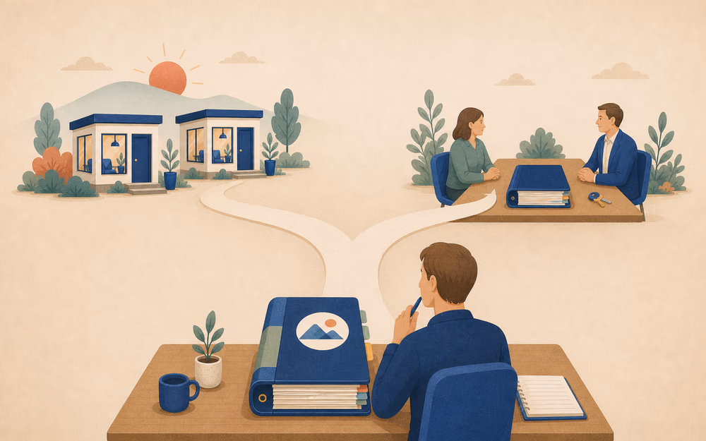 Illustrated expansion or sale journey connecting a second destination, diligence records, obligations, metrics, and qualified review