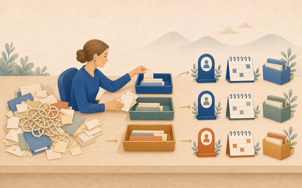 Illustrated operations-cleanup journey turning tangled workarounds into owned handoffs, consolidated tools, and review rhythms