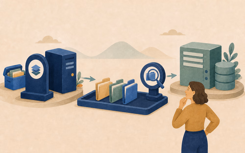 Illustrated EHR replacement journey connecting old and new systems through export, mapping, validation, reconciliation, and rollback checks